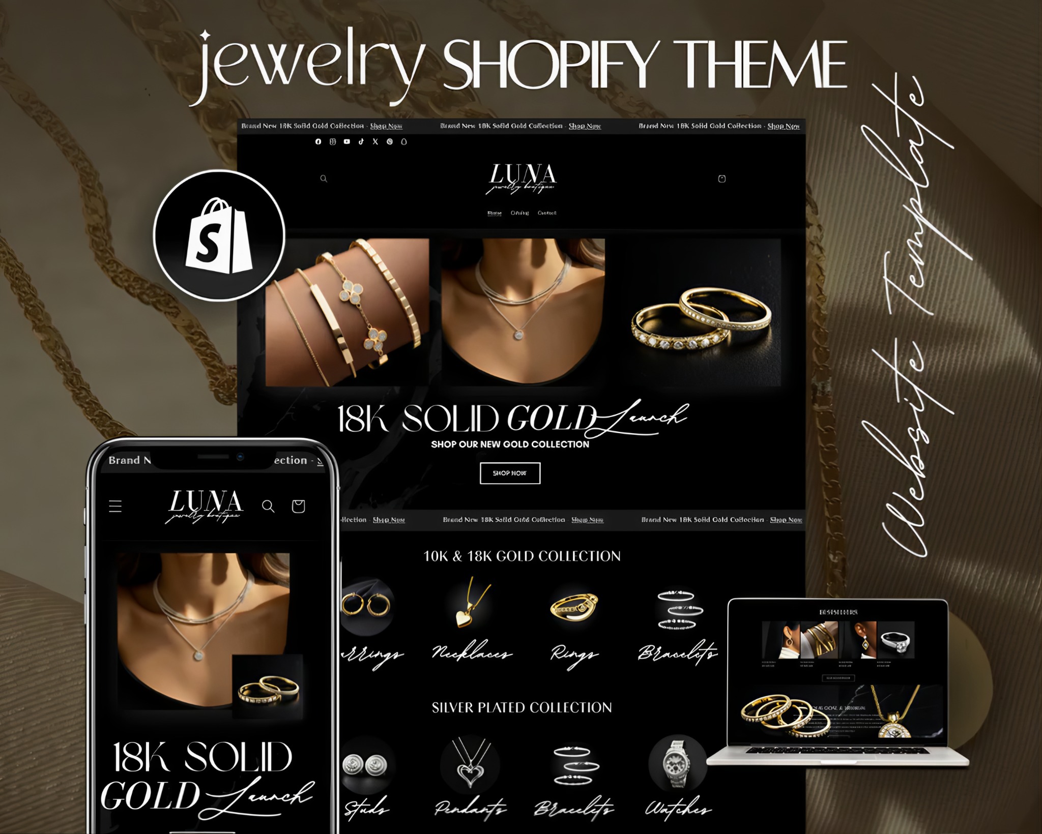 Prezentacja szablonu Shopify dla sklepu jubilerskiego Luna, z motywem 18K Solid Gold. Widok na laptopie i smartfonie, złote łańcuszki w tle.