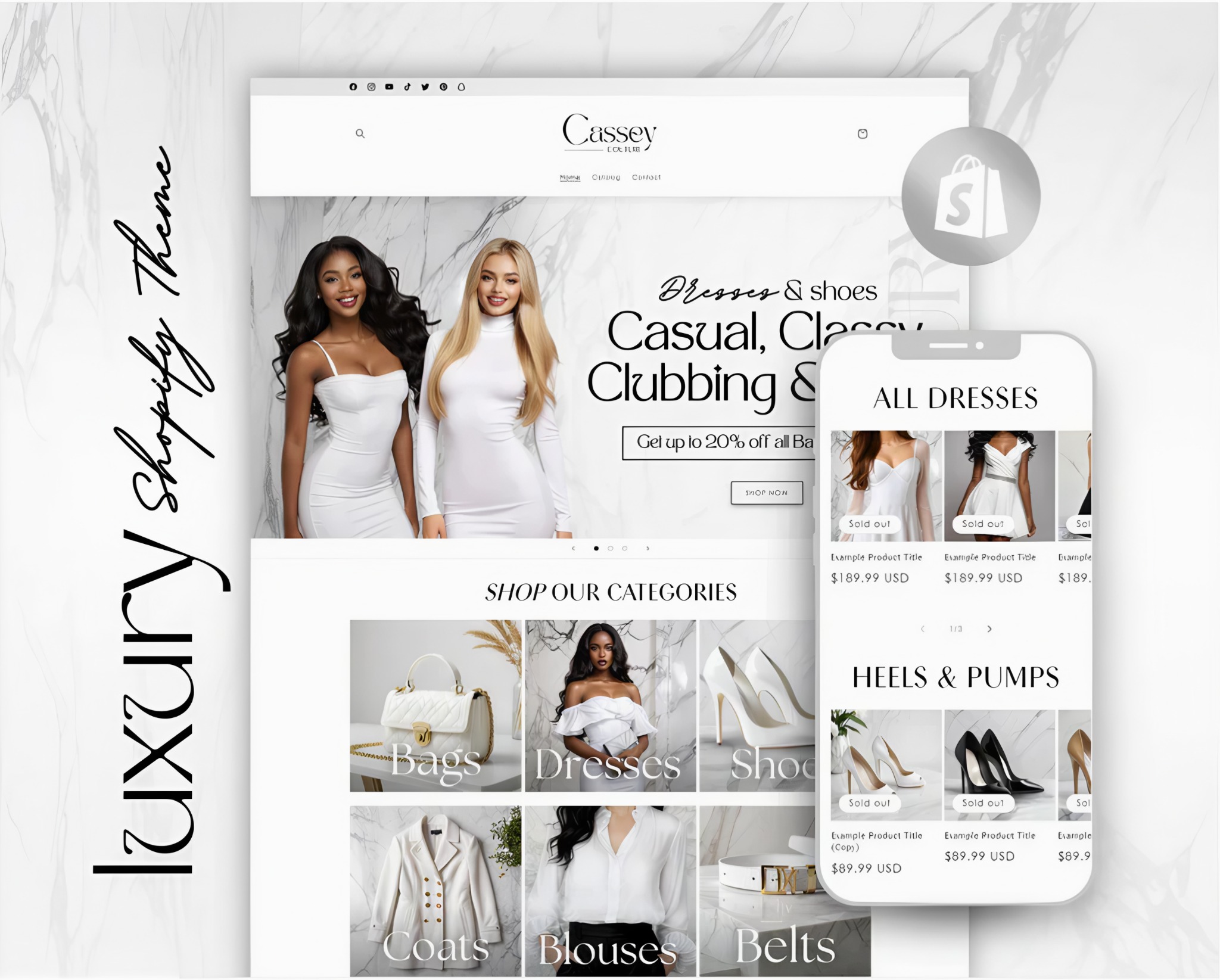 Prezentacja responsywnej strony sklepu internetowego z odzieżą na ekranie laptopa i smartfona. Motyw luksusowy, kategoria: sukienki, buty, torebki, płaszcze, bluzki, paski.