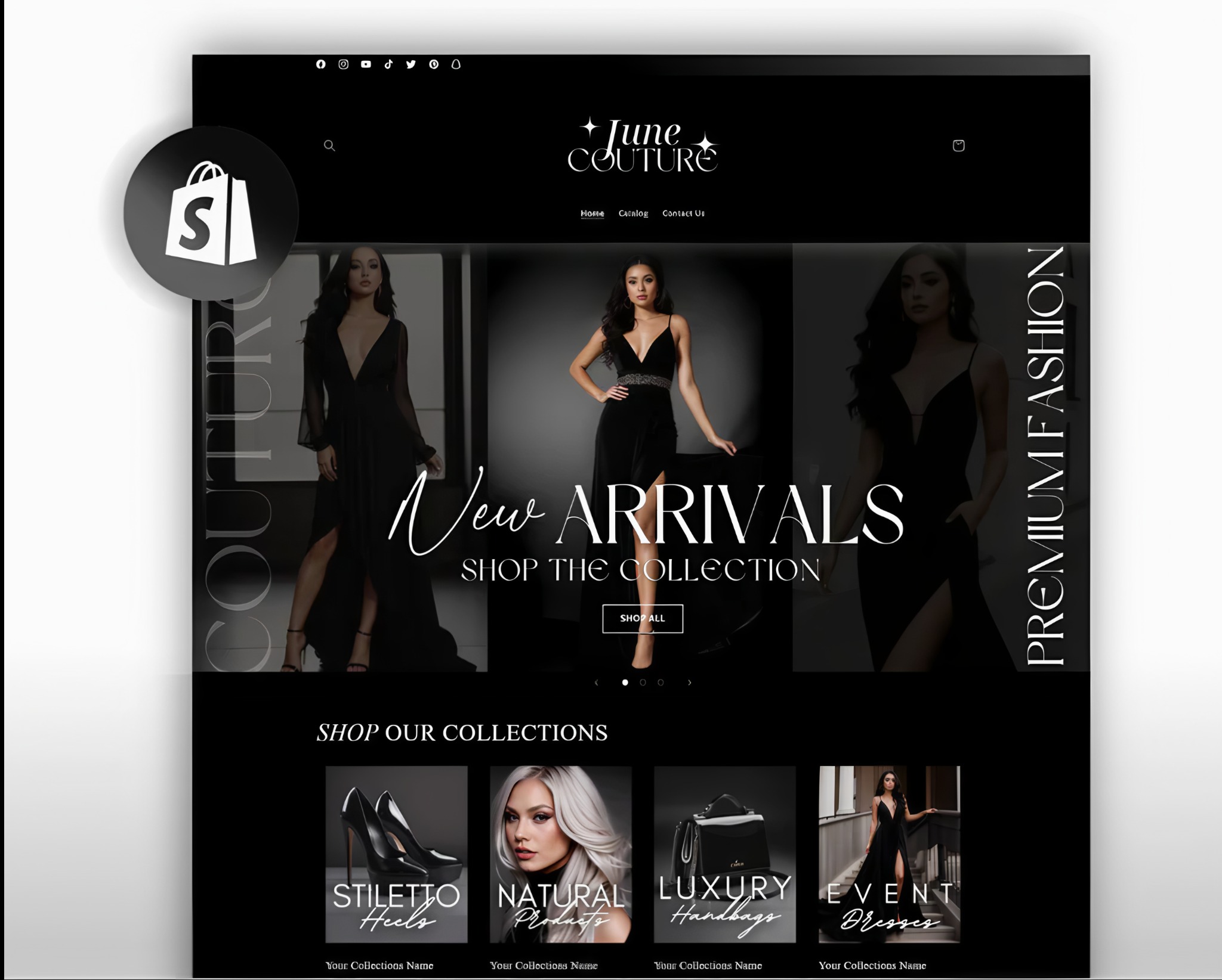 E-commerce strona z kolekcją czarnych sukienek i akcesoriów, prezentowana na monitorze. Logo sklepu 'June Couture' w górnej części. Minimalistyczny design.