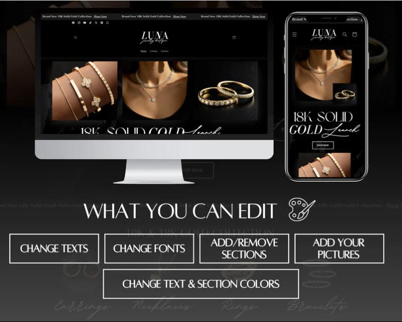 Responsywny design strony internetowej z biżuterią na monitorze i smartfonie. Prezentacja edytowalnych elementów: teksty, fonty, sekcje, kolory, zdjęcia. Elegancki, ciemny motyw.