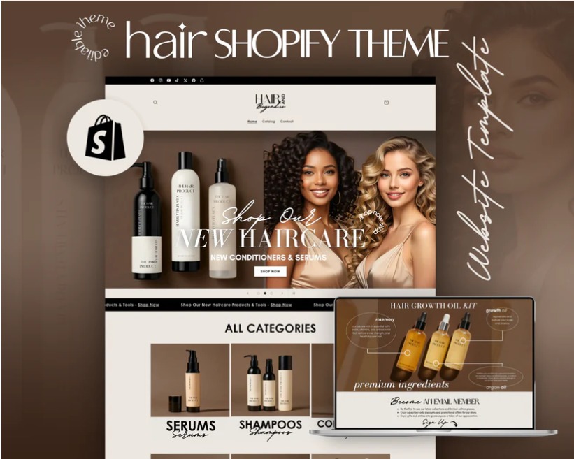 Laptop prezentuje szablon strony internetowej Shopify dla sklepu z produktami do pielęgnacji włosów. Widoczne kategorie: serum, szampony, olejki.