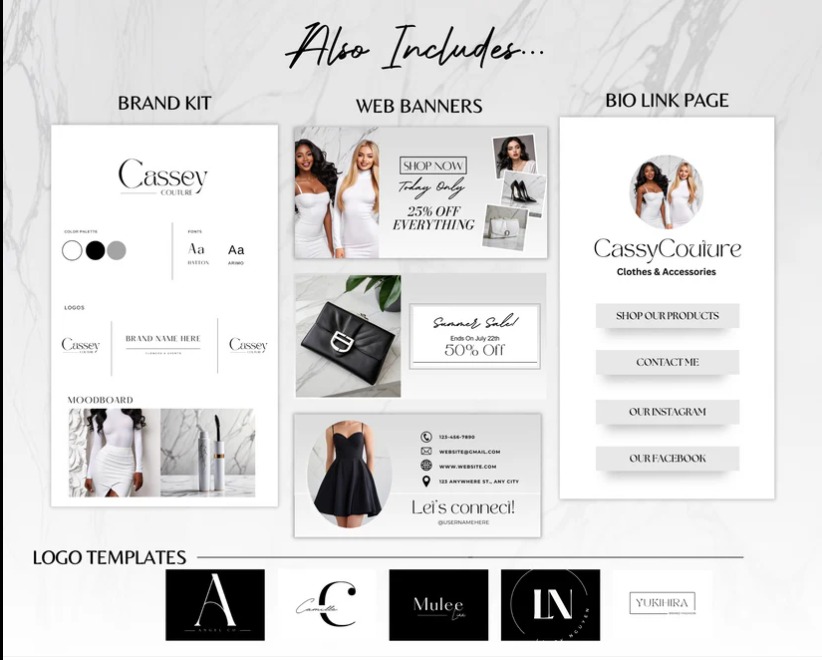 Zestaw brandingowy: logo, paleta kolorów, banery web, moodboard i bio link page dla marki odzieżowej. Minimalistyczny design z eleganckimi fontami i zdjęciami.