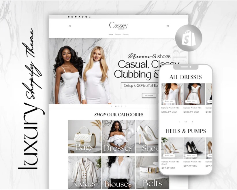 Prezentacja responsywnego sklepu internetowego z motywem 'Luxury Shopify Theme' na laptopie i smartfonie, z widocznymi kategoriami odzieży i obuwia.