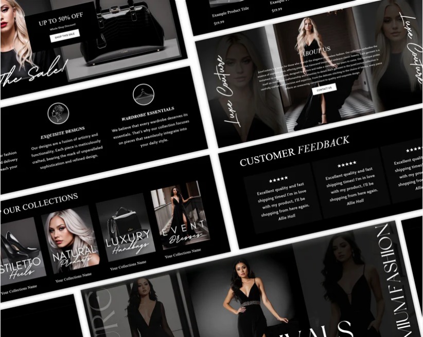 Projekt strony internetowej sklepu odzieżowego w czarno-białej tonacji, prezentujący kolekcje, opinie klientów i informacje o firmie. Minimalistyczny design z eleganckimi fontami.