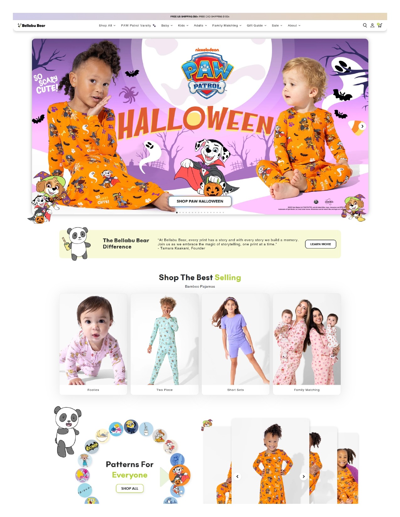 Strona internetowa z ofertą piżam dziecięcych z motywem Halloween i Paw Patrol. Dzieci w piżamach prezentują produkty. Grafika z postaciami z bajki i napis Halloween.