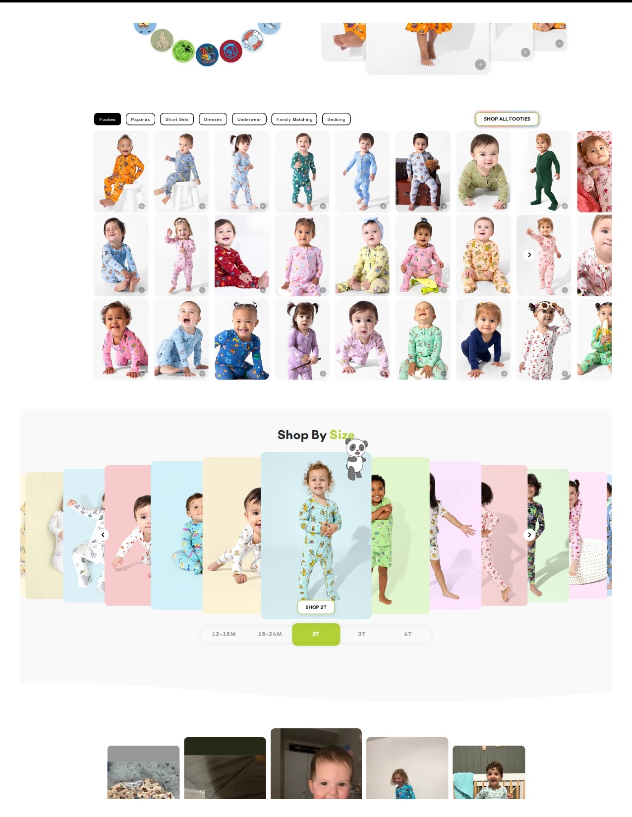 E-commerce strona prezentuje kolekcję piżam dziecięcych w różnych wzorach i rozmiarach, z podziałem na kategorie i opcjami zakupu. Grafika z pandą i napis 'Shop By Size'.