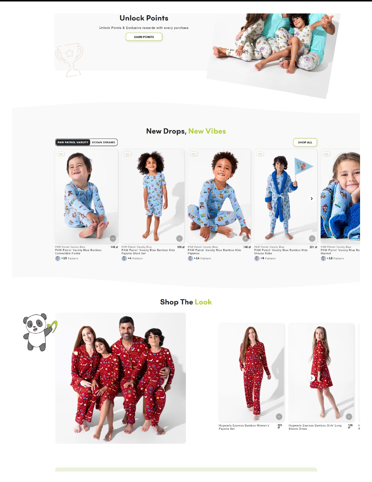 Kolekcja piżam dziecięcych i damskich z motywami Paw Patrol i Harry Potter, prezentowana na stronie internetowej. Różne wzory i fasony, od kombinezonów po szlafroki.