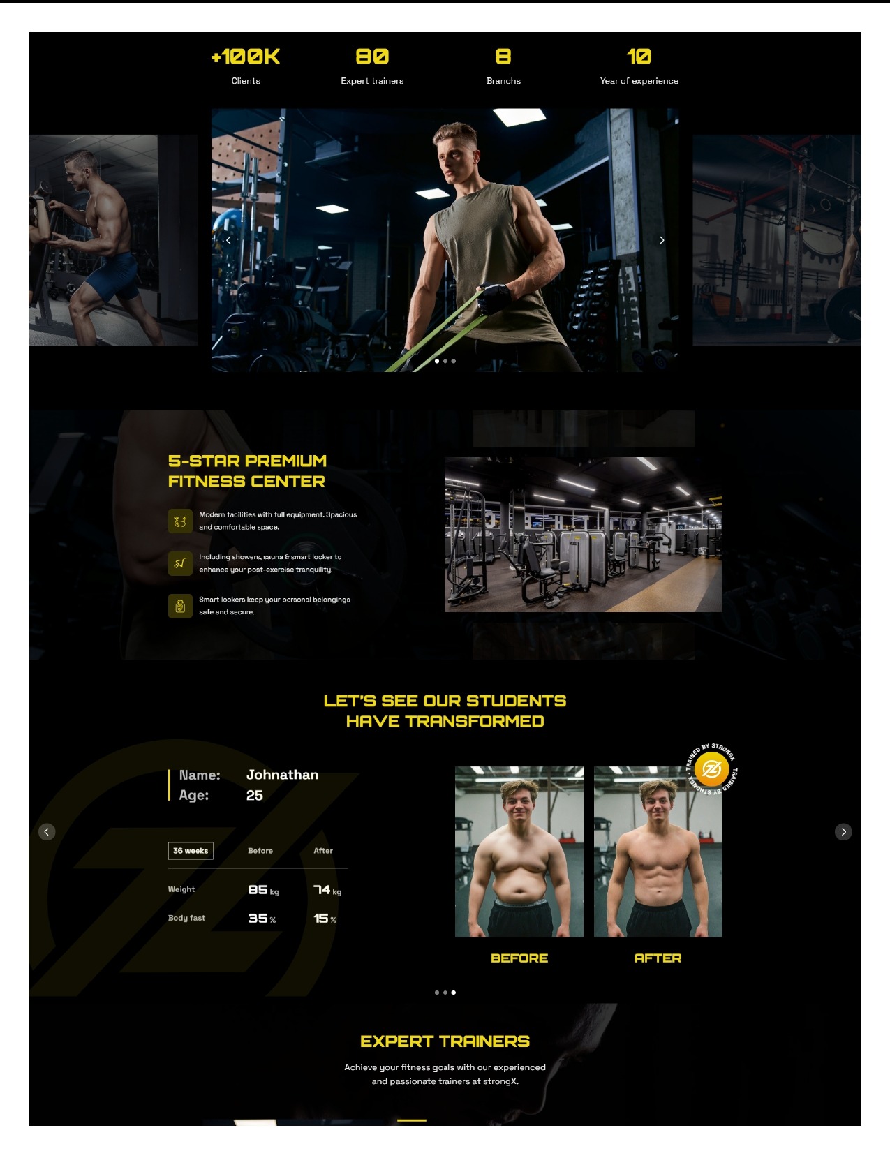 Strona internetowa siłowni premium z sekcją transformacji klientów. Zdjęcia 'przed i po' z danymi o wadze i tkance tłuszczowej. Nowoczesny design, ciemna kolorystyka.