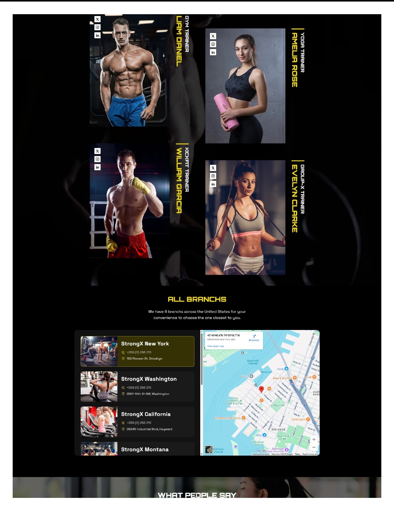 Strona internetowa siłowni StrongX prezentuje trenerów: Liam Daniel (gym), William Garcia (kickfit), Amelia Rose (yoga), Evelyn Clarke (group-x) oraz lokalizacje oddziałów.