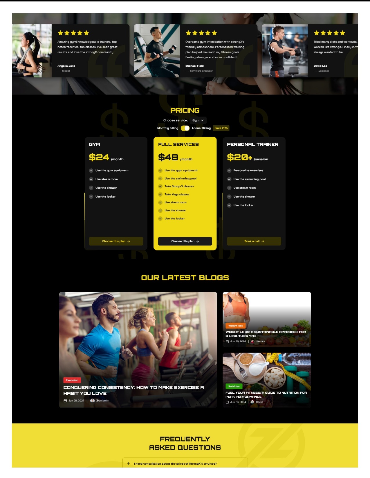Strona internetowa siłowni StrongX z cennikiem, opiniami klientów i sekcją bloga o ćwiczeniach i odżywianiu. Żółto-czarna kolorystyka, nowoczesny design.