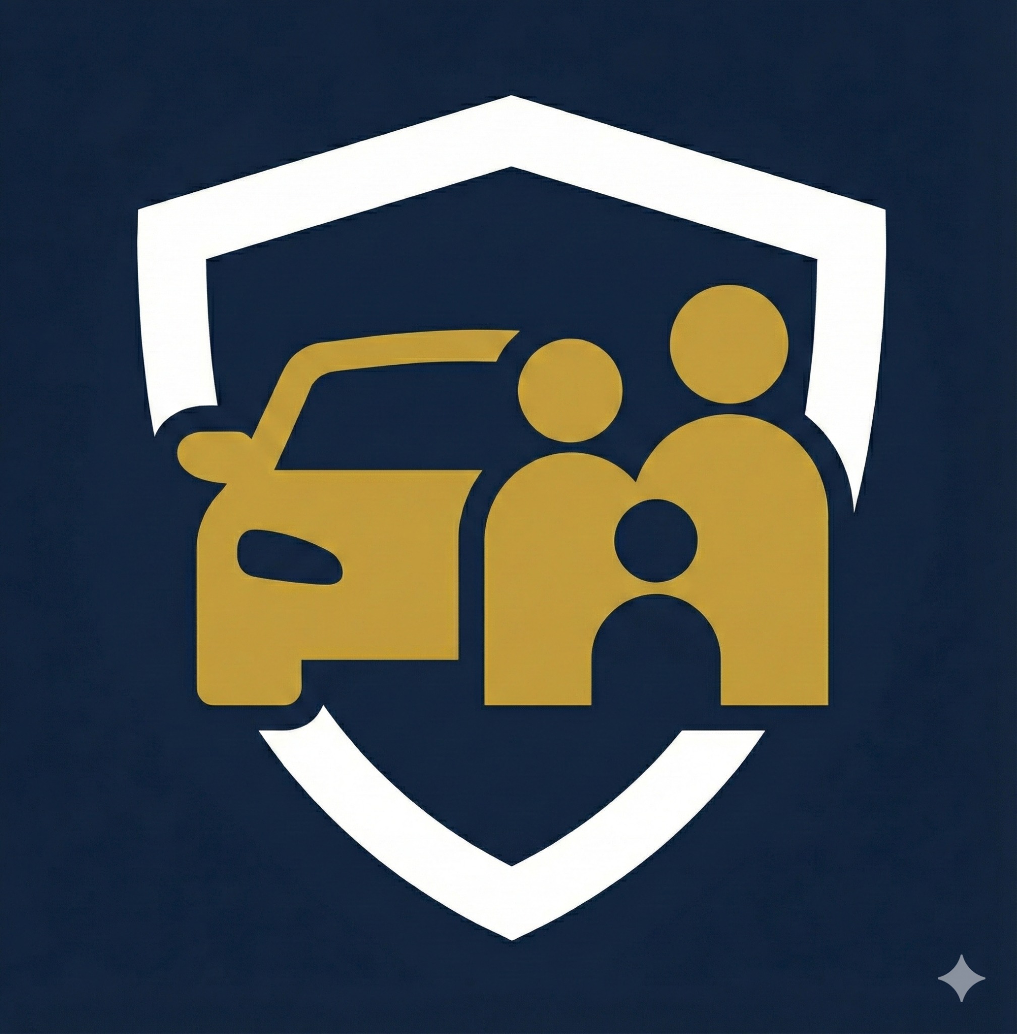Grafika: Złoty samochód i rodzina w białej tarczy na granatowym tle. Symbolizuje ubezpieczenie rodzinne i komunikacyjne.