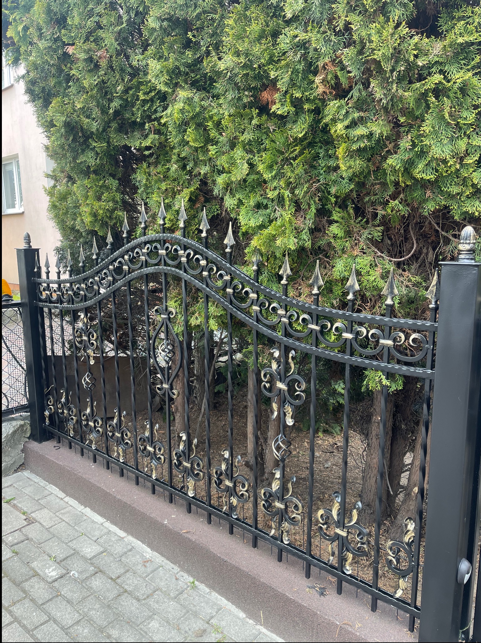Eleganckie, czarne, metalowe ogrodzenie z dekoracyjnymi, złotymi elementami na tle zielonych krzewów i fragmentu budynku. Widoczna kostka brukowa.