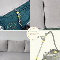 Architektura Porządku ECO professional by Marta Zofia Śliwińska - Czyszczenie tapicerki: fragment sofy z dyszą odkurzacza piorącego, obok poduszki przed i po czyszczeniu. W tle logo firmy na zielonym materiale.