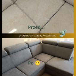 Architektura Porządku ECO professional by Marta Zofia Śliwińska - Sofa narożna: widok 'przed' z plamami i 'po' czyszczeniu, ukazujący odświeżony, szary odcień tapicerki. Prezentacja efektu usługi czyszczenia.