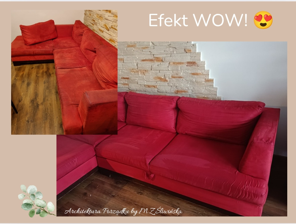 Czerwona, narożna kanapa przed i po czyszczeniu, z widoczną różnicą w odcieniu i fakturze tapicerki. Efekt WOW podkreślony napisem i emotikonami.