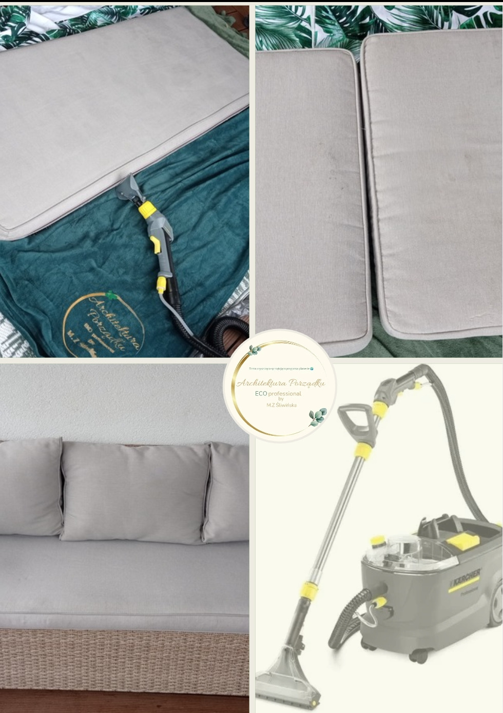Czyszczenie tapicerki: fragment sofy z dyszą odkurzacza piorącego, obok poduszki przed i po czyszczeniu. W tle logo firmy na zielonym materiale.