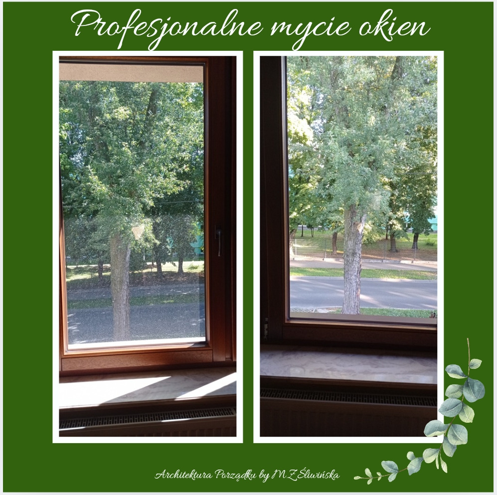 Okno PCV przed i po umyciu, widok na drzewa i ulicę. Po prawej szyba czysta, po lewej widoczny brud. Ujęcie z wnętrza, na parapecie widoczne ślady po czyszczeniu.