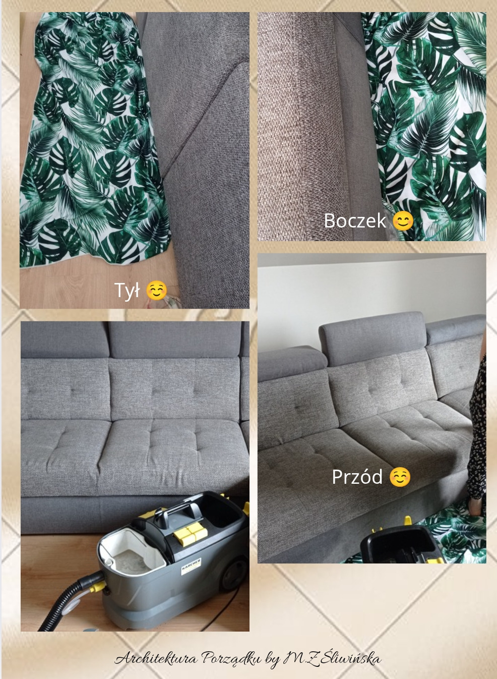 Szara, narożna kanapa w trakcie czyszczenia. Widoczne etapy: tył, bok, przód. Na podłodze stoi odkurzacz piorący Karcher. Ujęcie z bliska, skupione na procesie.