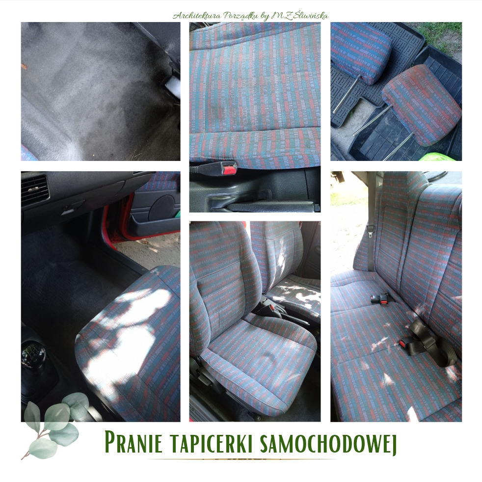Kolaż: czysta tapicerka samochodowa po praniu. Widoczne wyczyszczone fotele, dywaniki i podłoga auta. Tapicerka w paski, odświeżona i bez plam.