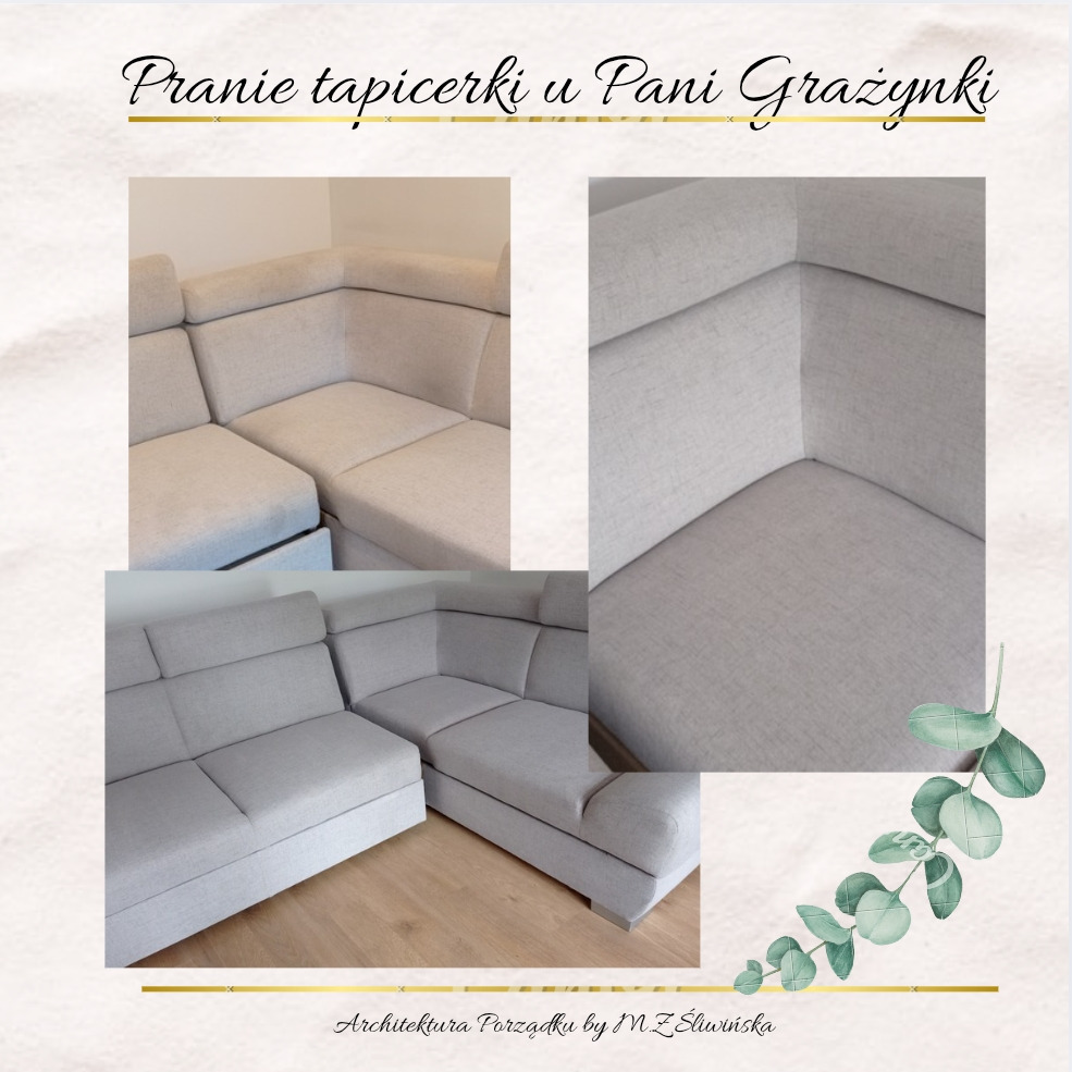 Jasnoszara, narożna sofa z tapicerką po czyszczeniu, prezentowana w trzech ujęciach. Widoczne detale i faktura materiału. Całość w estetycznej kompozycji.
