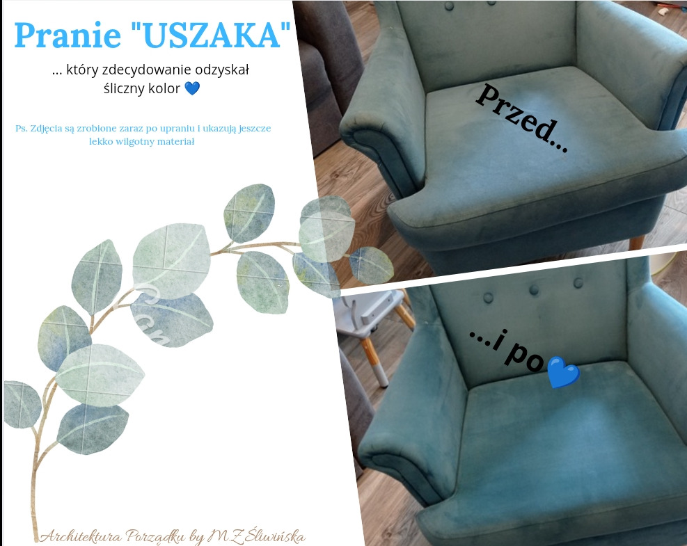 Fotel typu uszak przed i po praniu tapicerki w Lublinie. Odzyskanie koloru, widoczna wilgoć po czyszczeniu. Grafika z liśćmi eukaliptusa w tle.