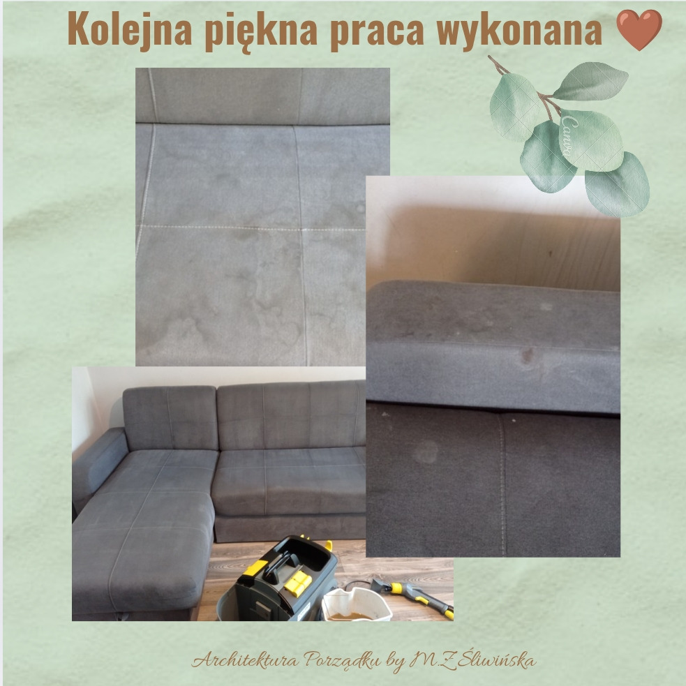 Szara narożna kanapa z widocznymi plamami przed czyszczeniem, prezentowana w kolażu z detalami zabrudzeń i sprzętem do prania tapicerki.