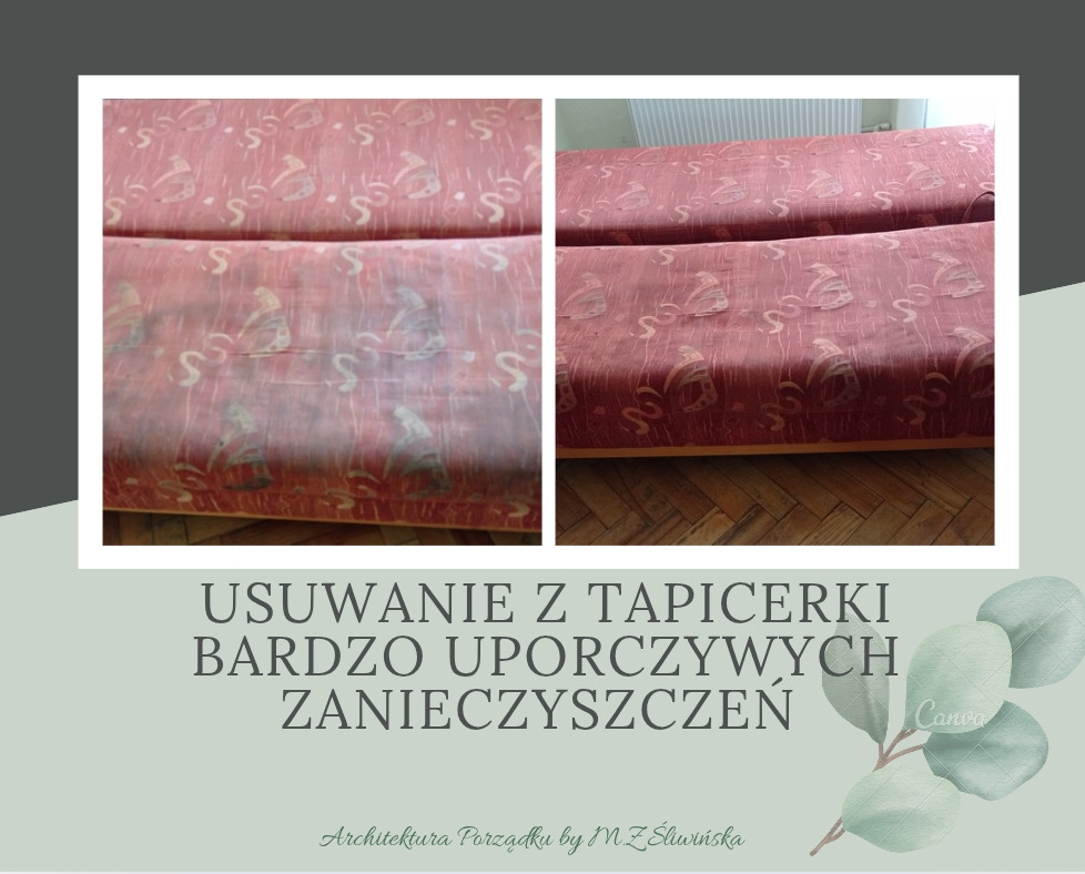 Tapicerka kanapy przed i po czyszczeniu. Po prawej stronie widoczny efekt usunięcia uporczywych zabrudzeń. Czerwona tkanina w jasne wzory.