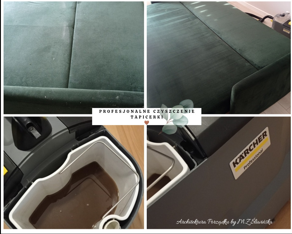 Zestawienie: kanapa przed i po czyszczeniu, brudna woda po praniu tapicerki w zbiorniku odkurzacza Kärcher Professional. Widoczny efekt czyszczenia.