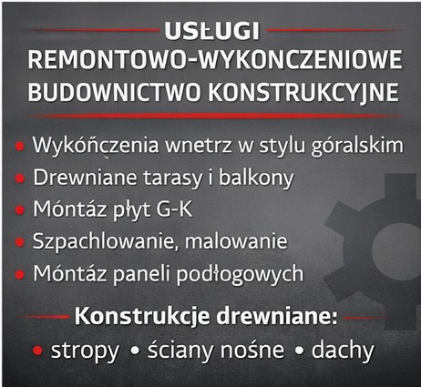 Grafika reklamowa usług remontowo-wykończeniowych: wykończenia wnętrz, tarasy drewniane, montaż płyt G-K, szpachlowanie, malowanie, montaż paneli, konstrukcje drewniane.