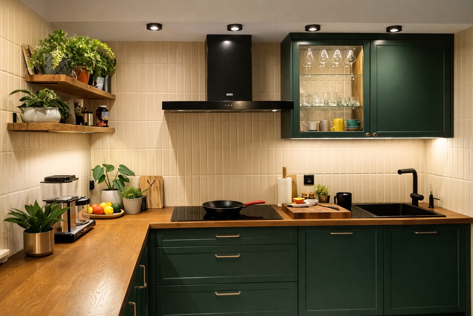Zielona kuchnia z drewnianym blatem