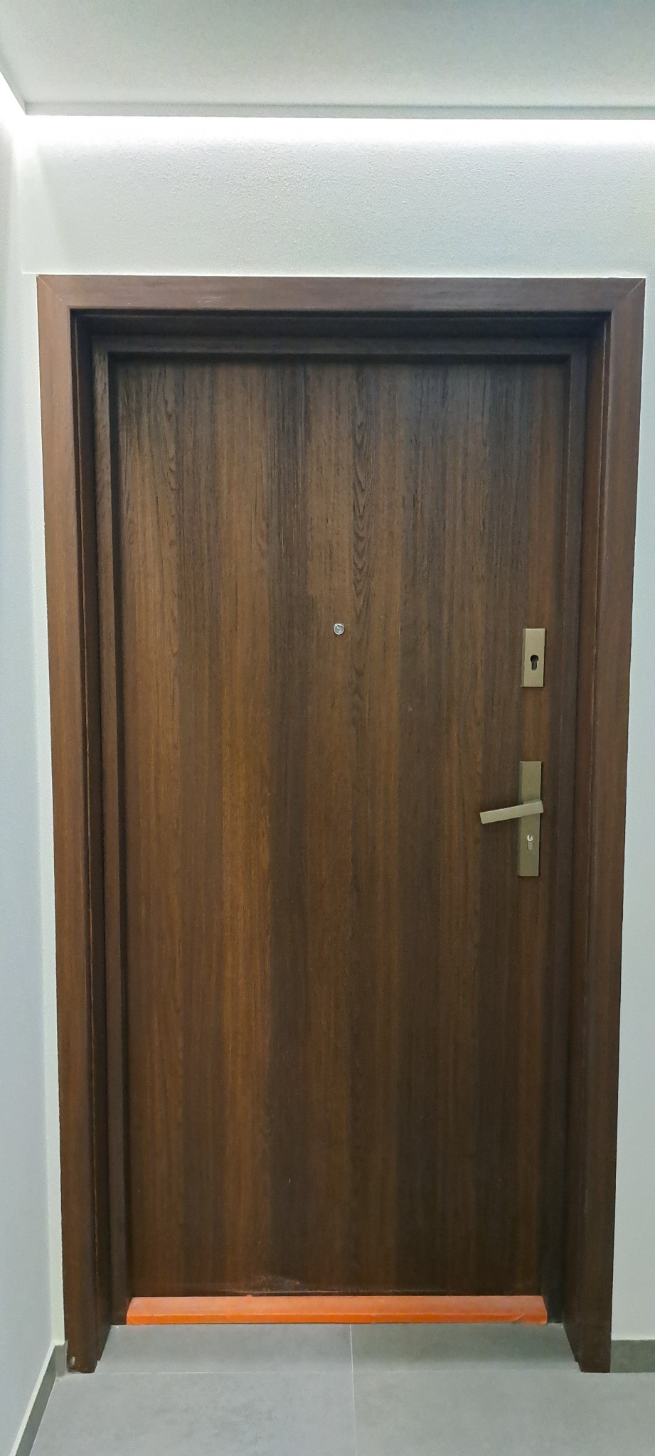 Zamknięte, brązowe drzwi wejściowe z drewnianą ramą, widoczne od frontu, z zamontowaną klamką i wizjerem. Pod drzwiami pomarańczowy próg zabezpieczający.