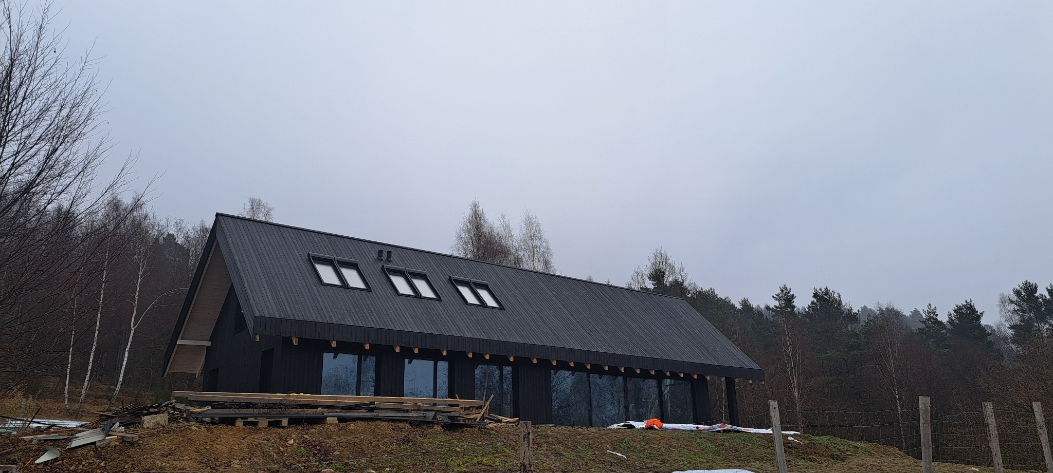 Nowoczesny dom z ciemną elewacją i dużymi oknami, otoczony lasem. Widoczne drewniane elementy konstrukcyjne i trzy okna dachowe. Pochmurne niebo w tle.