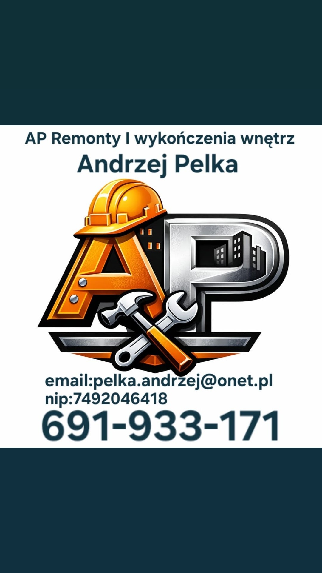 Logo firmy AP Remonty i wykończenia wnętrz Andrzej Pelka. Grafika z kaskiem, budynkami, młotkiem i kluczem. Dane kontaktowe: email, NIP i numer telefonu.