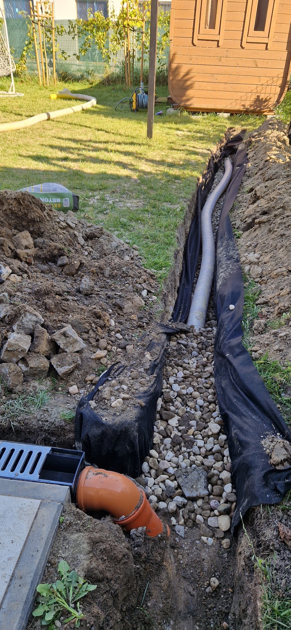 Wykopany rów z drenażem, wyłożony czarną geowłókniną i wypełniony kamieniami. Widoczna rura drenarska i studzienka odpływowa. W tle trawnik i drewniana altana.