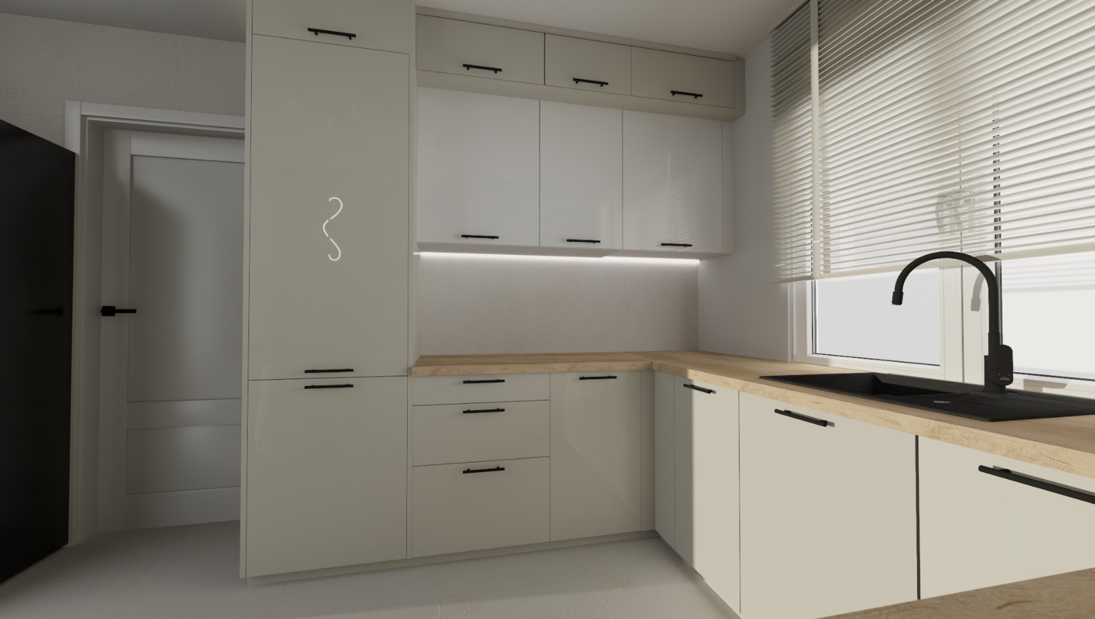 Jasna kuchnia z drewnianym blatem, czarną armaturą i minimalistycznymi uchwytami. Nad blatem górne szafki z oświetleniem LED. Obok drzwi wejściowe.