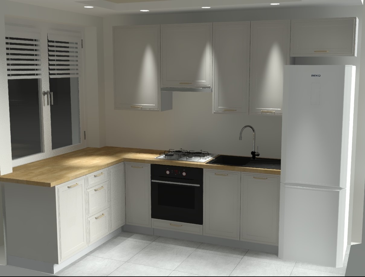 Jasna kuchnia z drewnianym blatem, białymi szafkami i sprzętem AGD. Widok na okno z żaluzjami i płytę grzewczą. Minimalistyczny design.