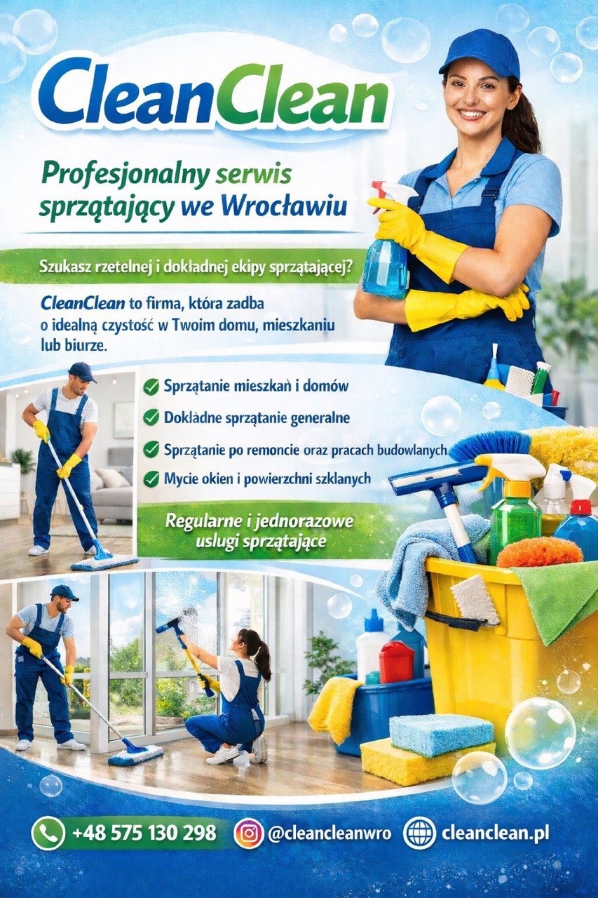 Plakat firmy sprzątającej CleanClean z Wrocławia. Oferta obejmuje sprzątanie mieszkań, biur, po remontach i mycie okien. Uśmiechnięta kobieta w uniformie i sprzęt do sprzątania.