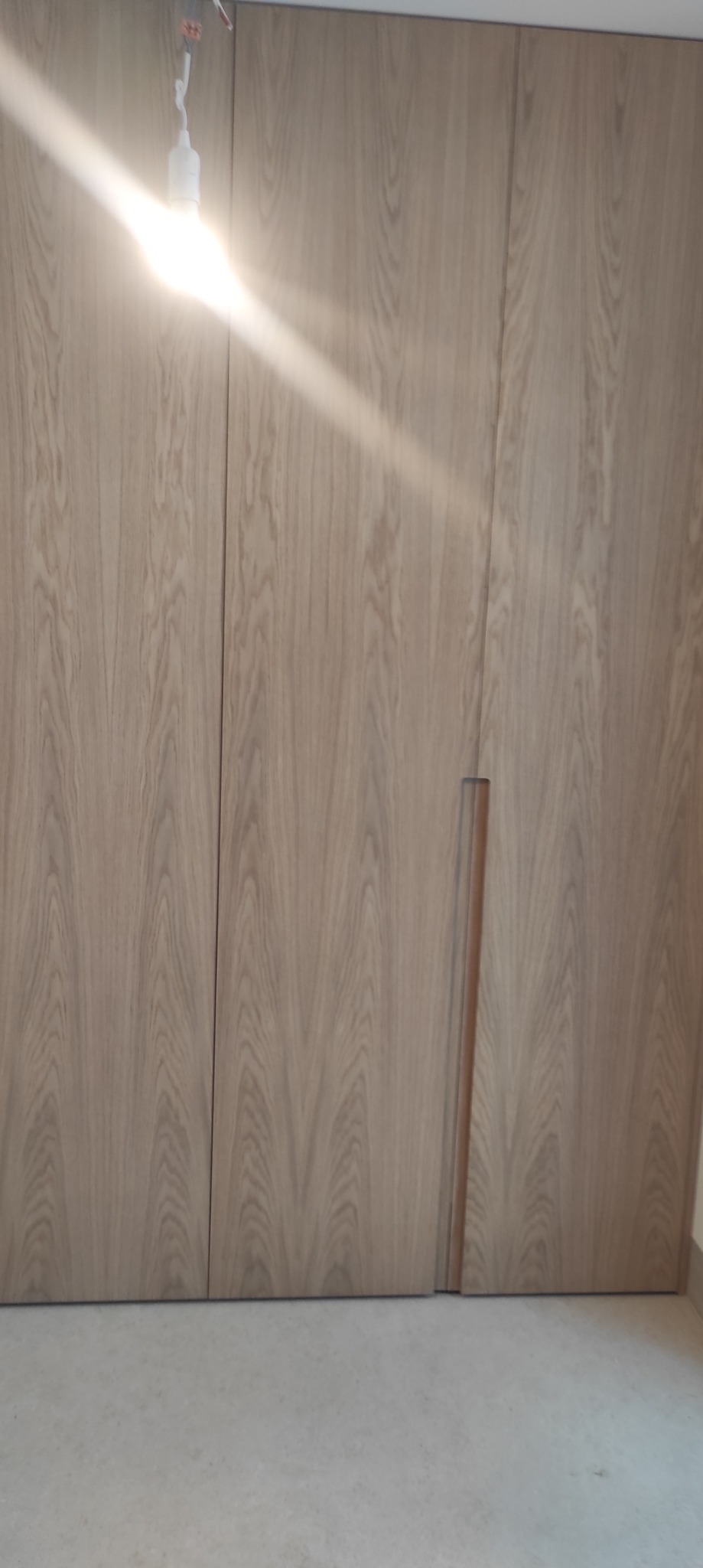 Jasna, drewniana szafa wnękowa z minimalistycznymi uchwytami, oświetlona górnym światłem. Widoczne subtelne usłojenie drewna i gładkie fronty.