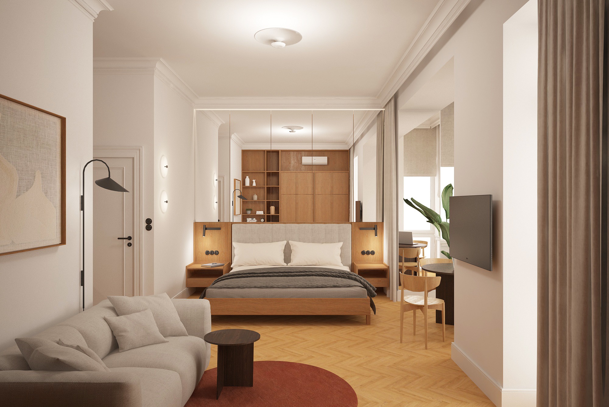 Elegancka aranżacja wnętrza sypialni z drewnianym łóżkiem, sofą i okrągłym dywanem. Widoczne oświetlenie punktowe i dekoracje. Całość utrzymana w jasnej, stonowanej kolorystyce.