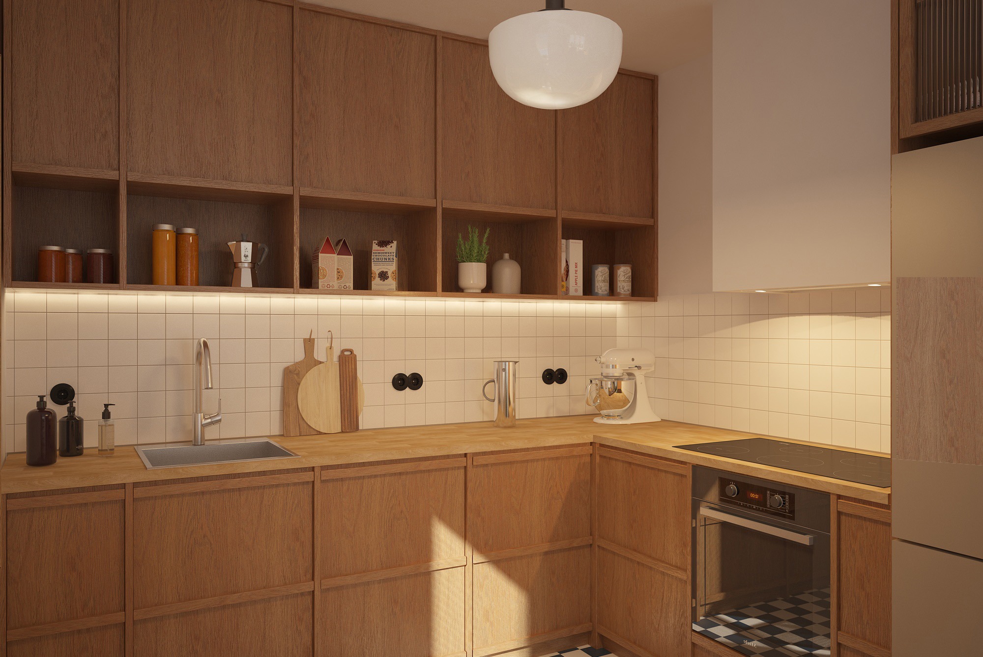 Drewniana kuchnia z białymi płytkami i sprzętami: mikser, piekarnik, płyta indukcyjna. Ciepłe oświetlenie podkreśla naturalne materiały i minimalistyczny design.