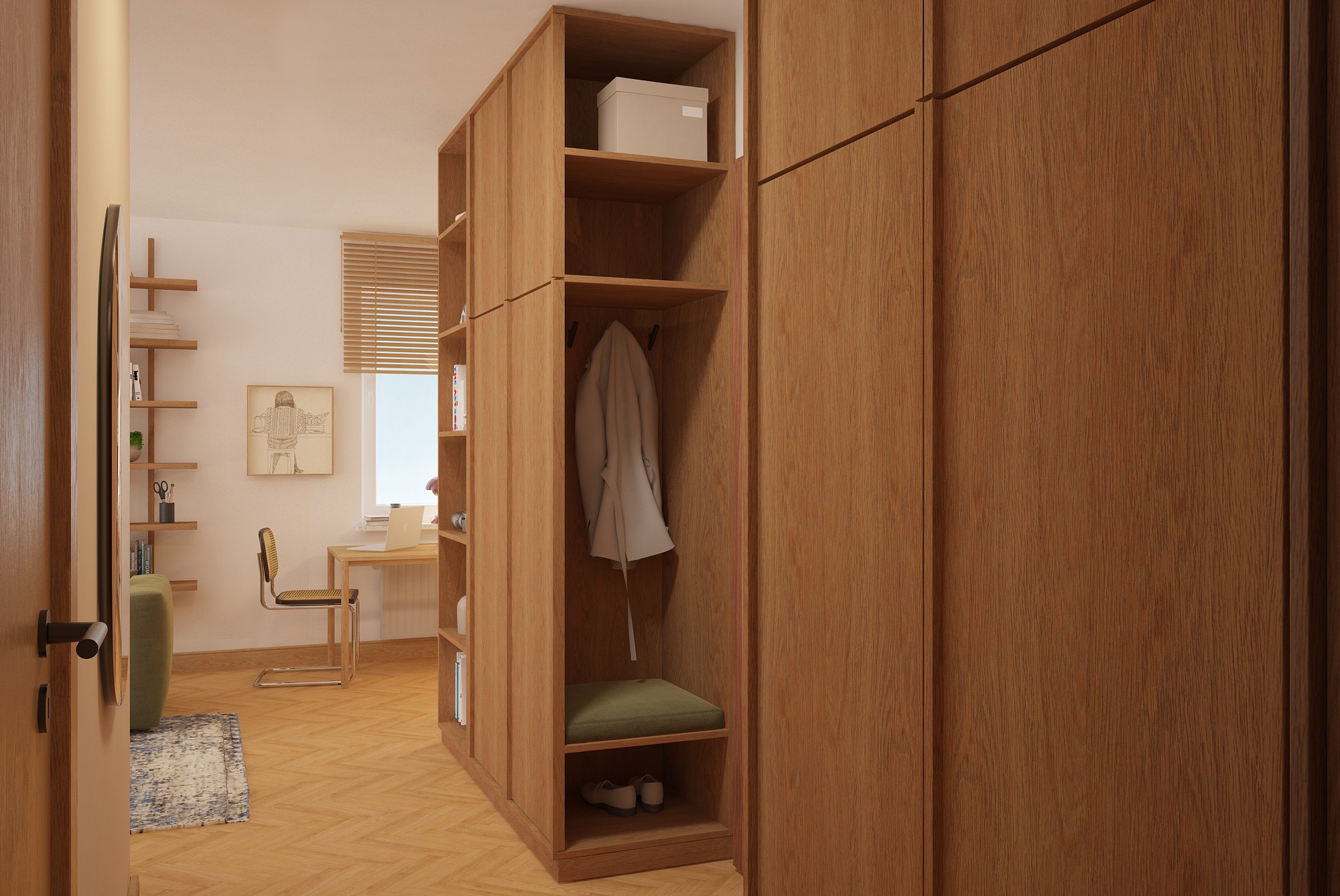 Drewniana szafa z otwartymi półkami i miejscem do siedzenia, w tle biurko i regał w jasnym pokoju. Naturalne światło podkreśla ciepły odcień drewna.