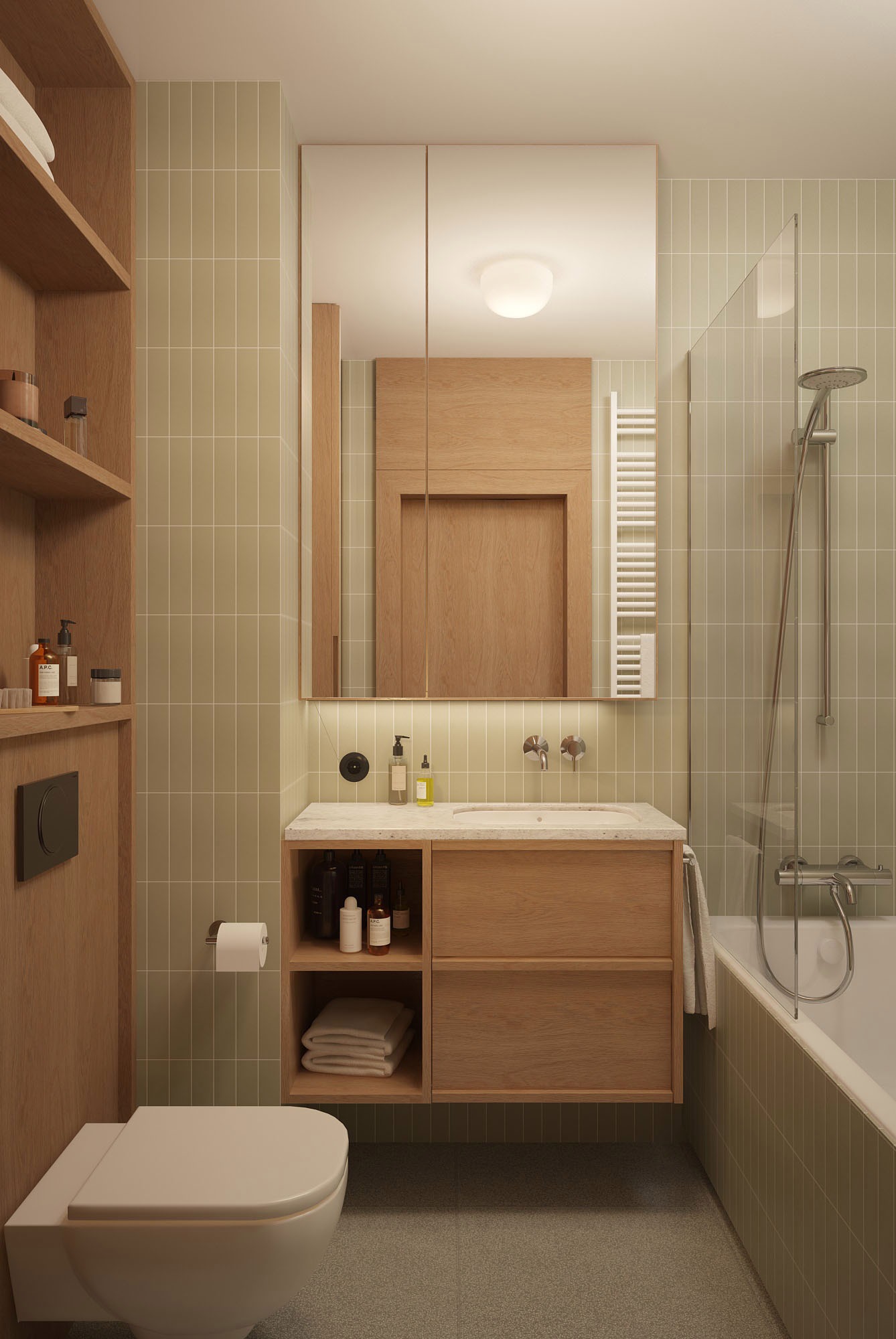 Nowoczesna łazienka w odcieniach beżu i zieleni z drewnianymi akcentami. Umywalka z szafką, lustro z oświetleniem, toaleta i wanna z parawanem.