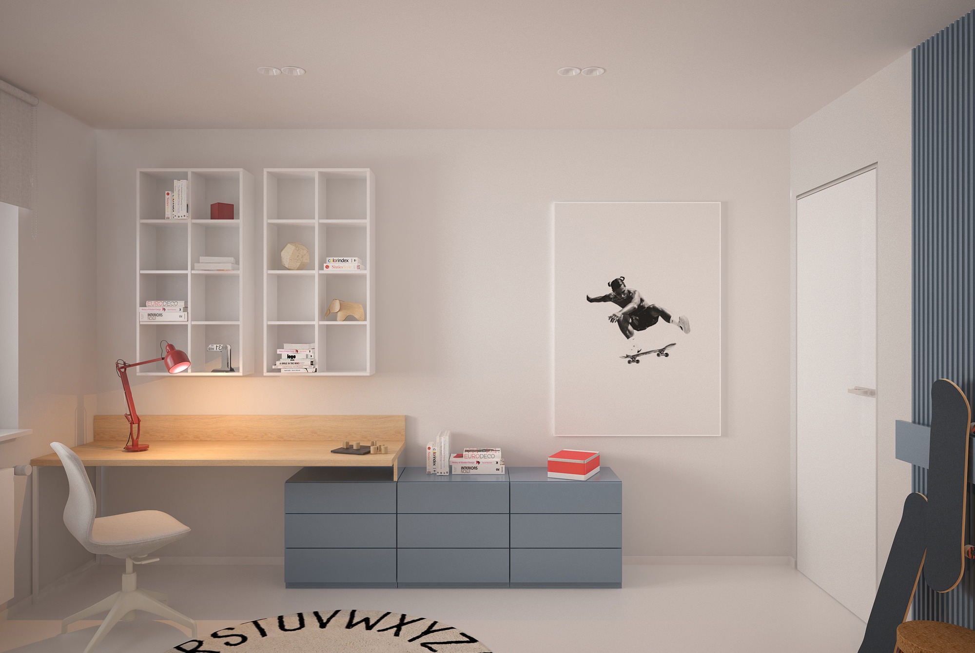 Pokój młodzieżowy z biurkiem, regałami i plakatem skatera. Jasne wnętrze z drewnianymi akcentami i dywanem z literami. Nowoczesny design z elementami sportowymi.