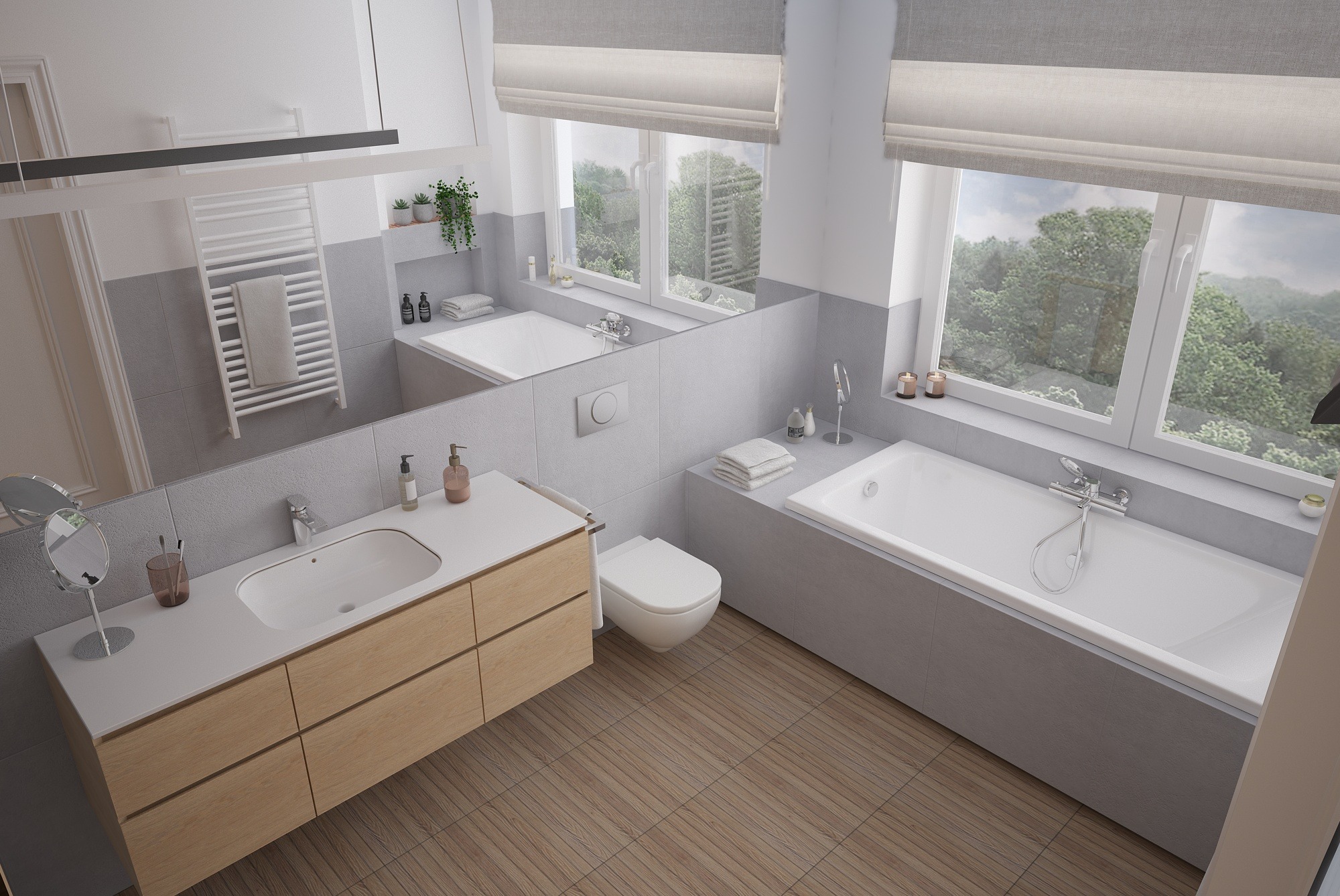 Jasna łazienka z drewnianą podłogą i szafką pod umywalką. Dwie wanny, okna z roletami rzymskimi i grzejnik drabinkowy. Minimalistyczny design.