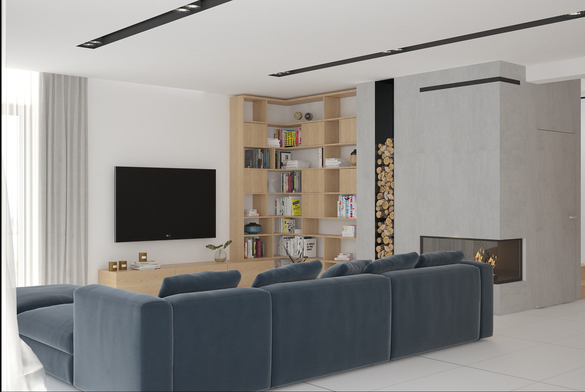 Nowoczesny salon w Dopiewie: szary narożnik, regał z książkami, kominek z drewnem. Minimalistyczne oświetlenie punktowe i jasne wnętrze.