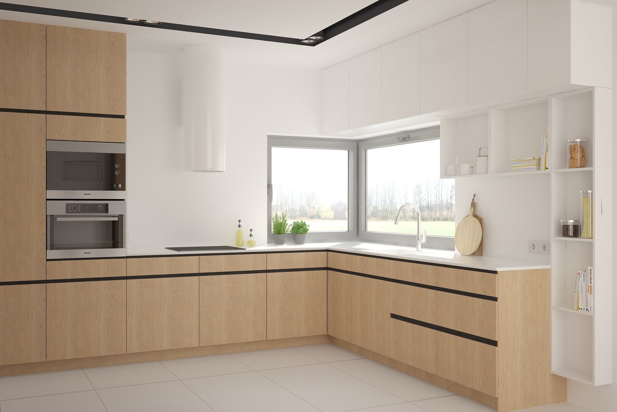 Jasna kuchnia z drewnianymi szafkami i białymi ścianami. Okno z widokiem na zieleń. Minimalistyczny design z czarnymi akcentami. Nowoczesne oświetlenie.