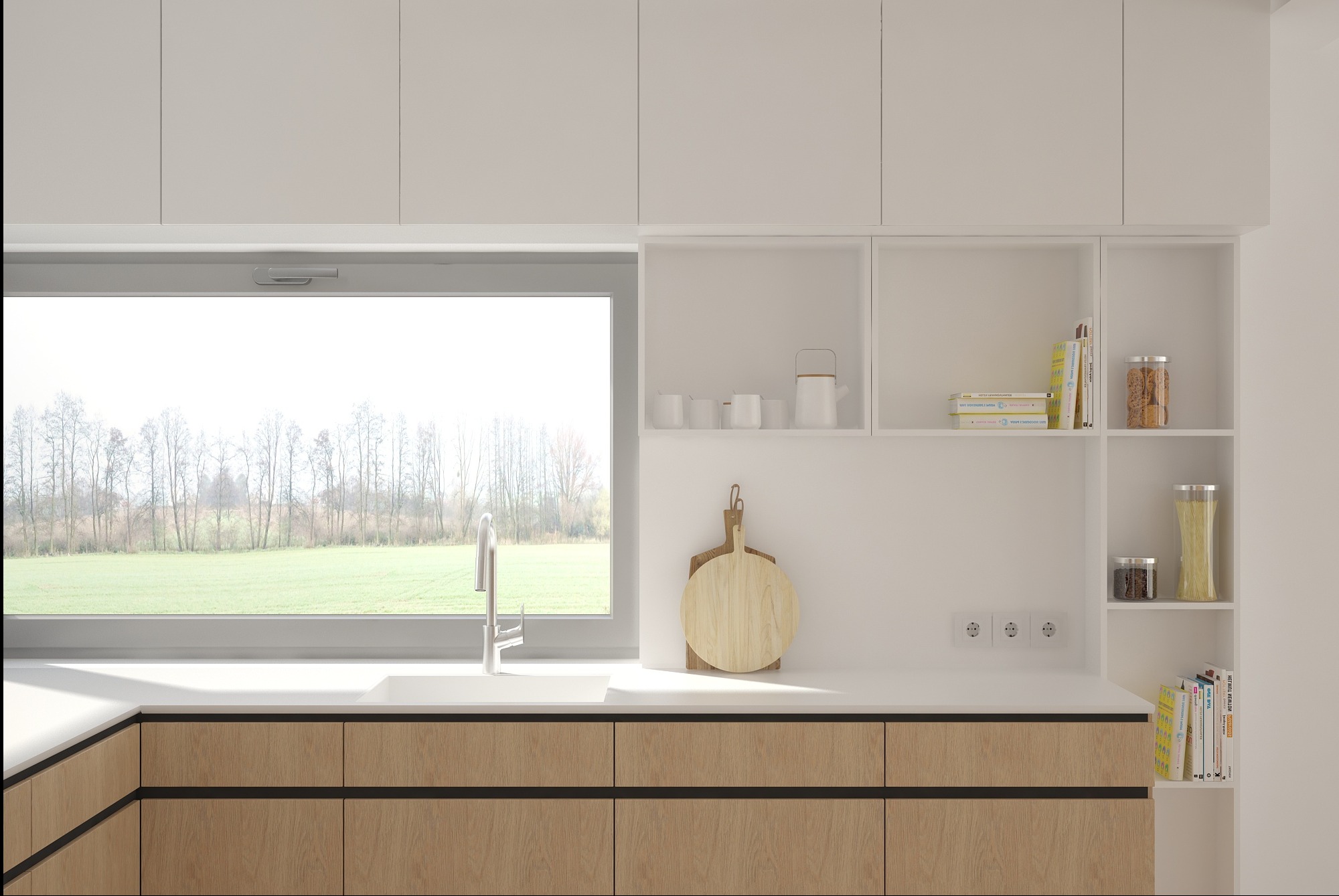 Jasna kuchnia z drewnianymi frontami szafek, widokiem na zieleń za oknem i drewnianymi deskami do krojenia na blacie. Minimalistyczny design.