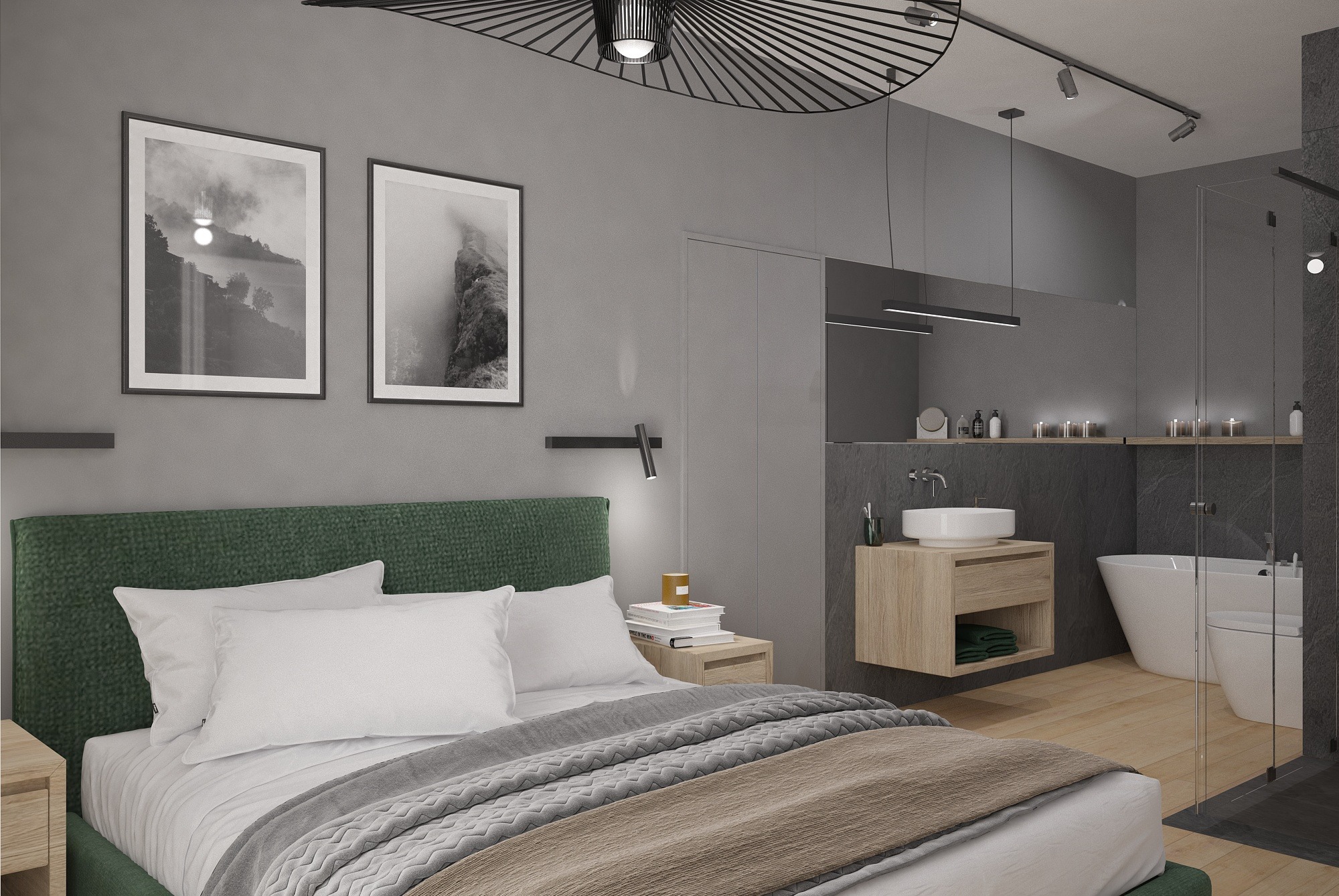 Nowoczesna sypialnia z łazienką: zielone wezgłowie łóżka, szara ściana z grafikami, umywalka z szafką i wanna za szklaną ścianą. Minimalistyczne oświetlenie.