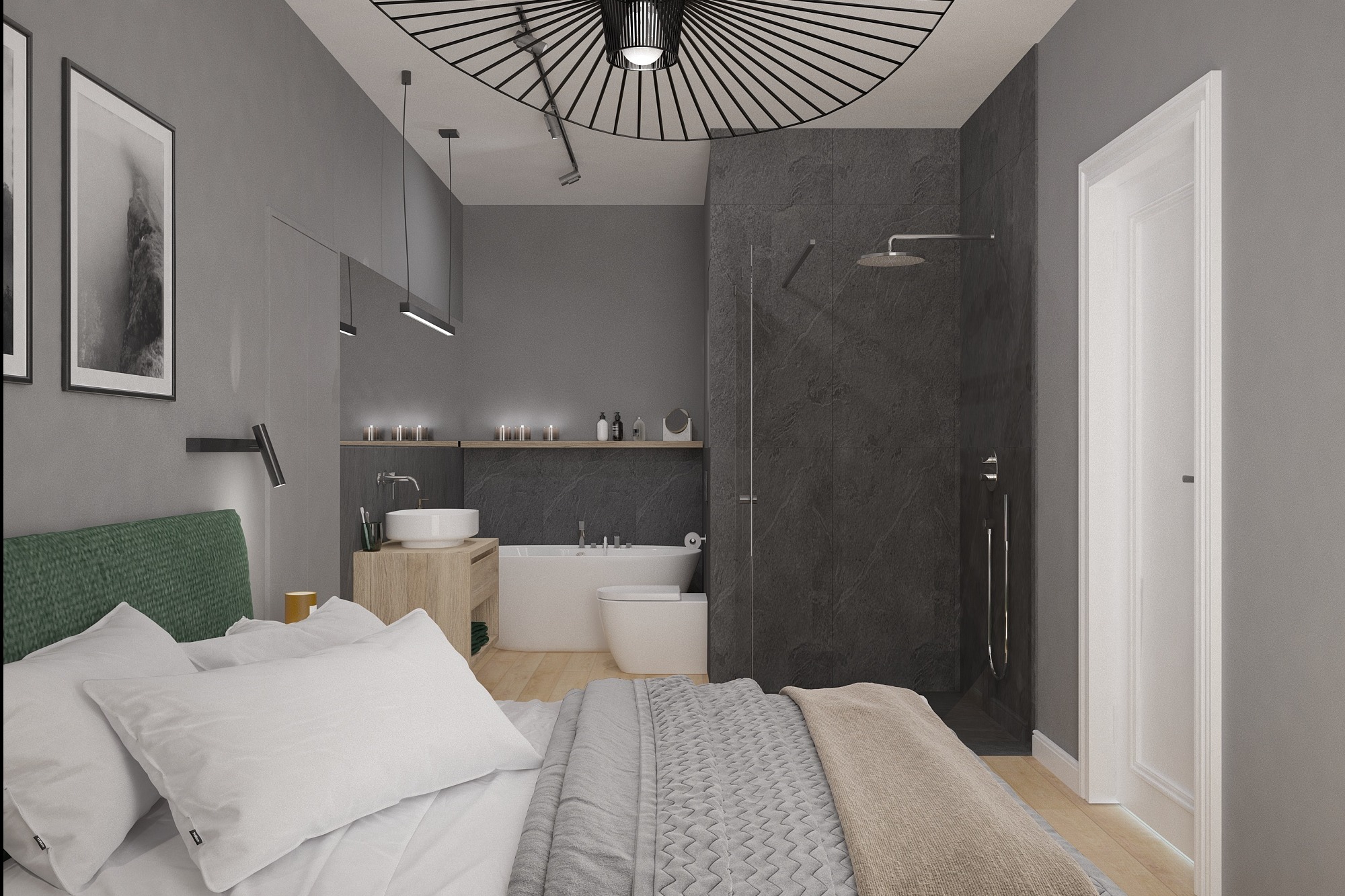 Nowoczesna sypialnia z łazienką: szara kolorystyka, minimalistyczne oświetlenie, wanna wolnostojąca i kabina prysznicowa oddzielona szklaną ścianką.