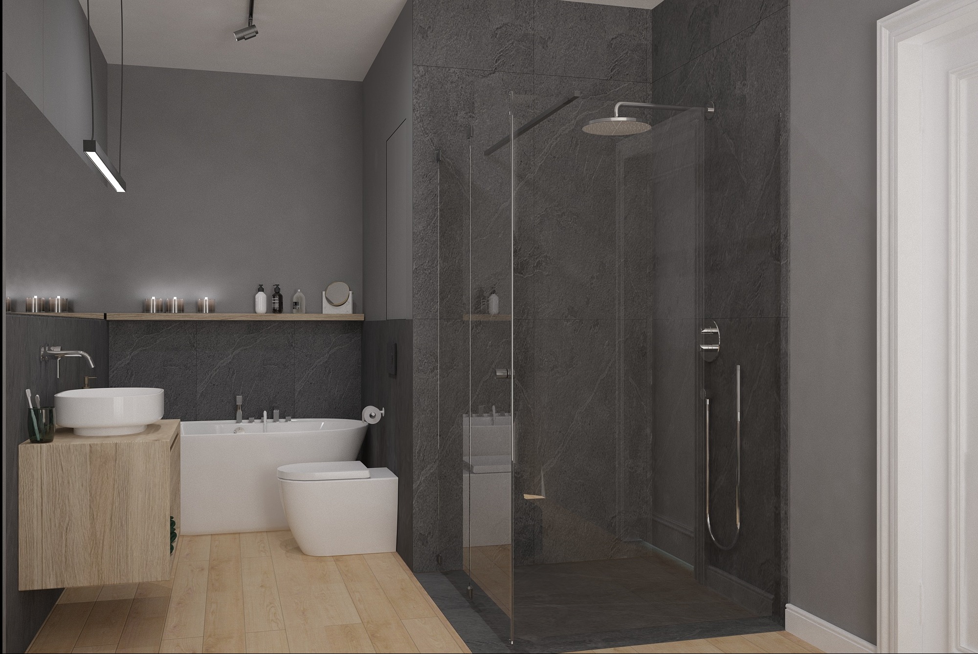 Nowoczesna łazienka z kabiną prysznicową typu walk-in, umywalką na szafce z drewnianym frontem i wanną. Szare płytki imitujące kamień i drewniana podłoga.